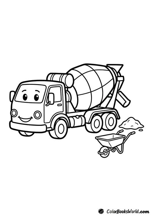 Cartoon cement mixer truck with a rotating drum, a wheelbarrow, and a small pile of cement.
