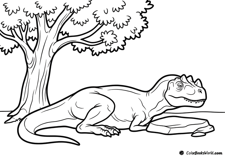 A friendly cartoon ceratosaurus lies under a tree beside a flat stone, resting in the shade.
