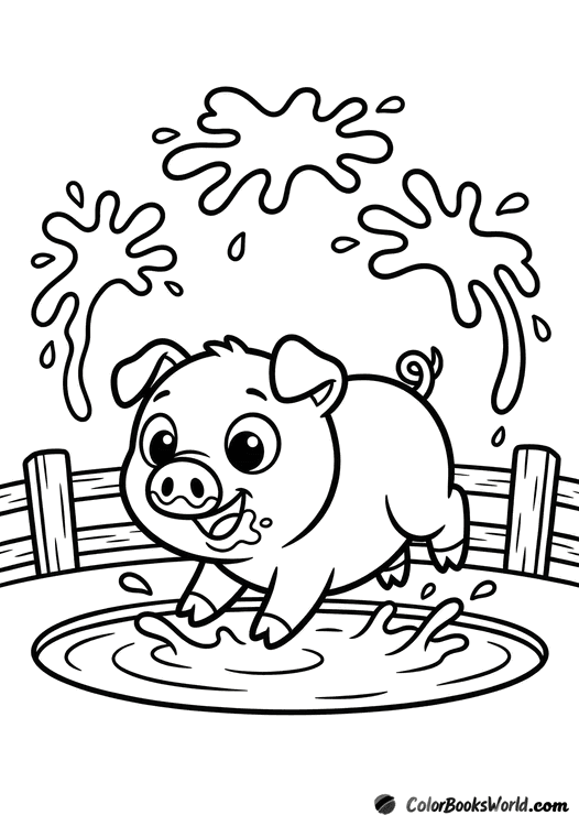 A cheerful chubby piglet splashing in a mud puddle, with a wooden fence in the background.