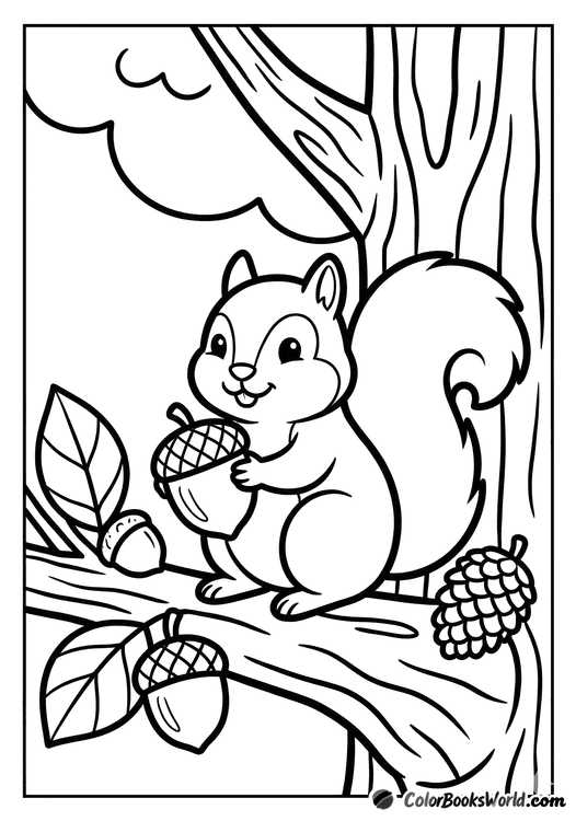A cute cartoon squirrel sits on a branch holding a large acorn, with leaves and a pinecone nearby.