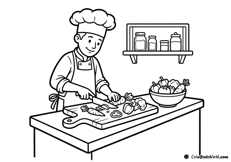 A chef in a hat and apron slices carrots on a cutting board next to a bowl of vegetables and a kitchen shelf.