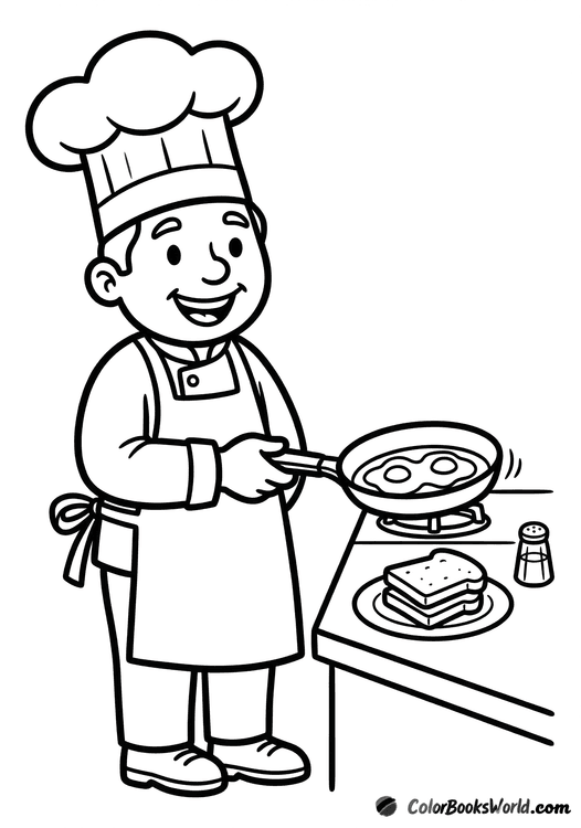 A smiling chef in a tall hat fries sunny-side-up eggs in a pan next to a plate of toast and a salt shaker.