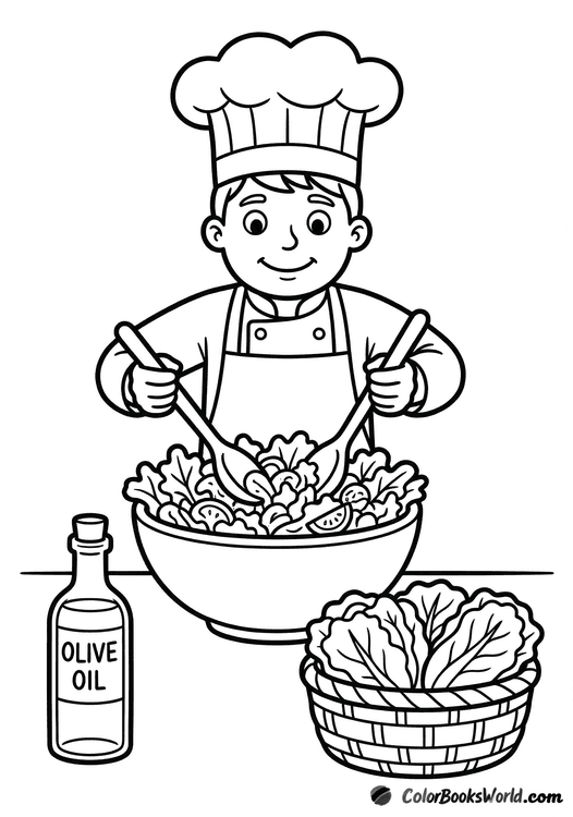 A happy chef in a tall hat mixes a large bowl of salad with tongs next to olive oil and a basket of lettuce.