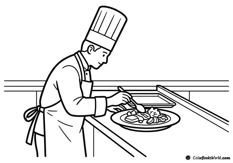 A chef in a hat and apron carefully arranges food on a plate using a spoon at a kitchen counter.