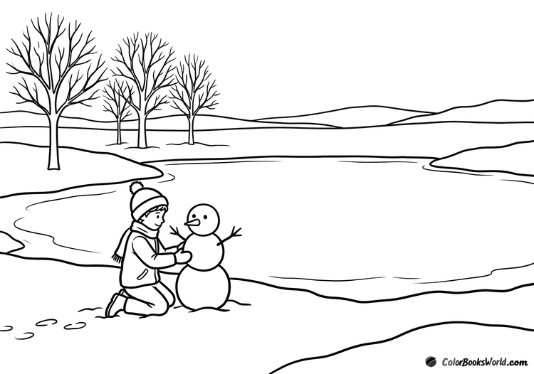 Cartoon child building a snowman on the shore of a wide frozen lake, with bare trees behind.