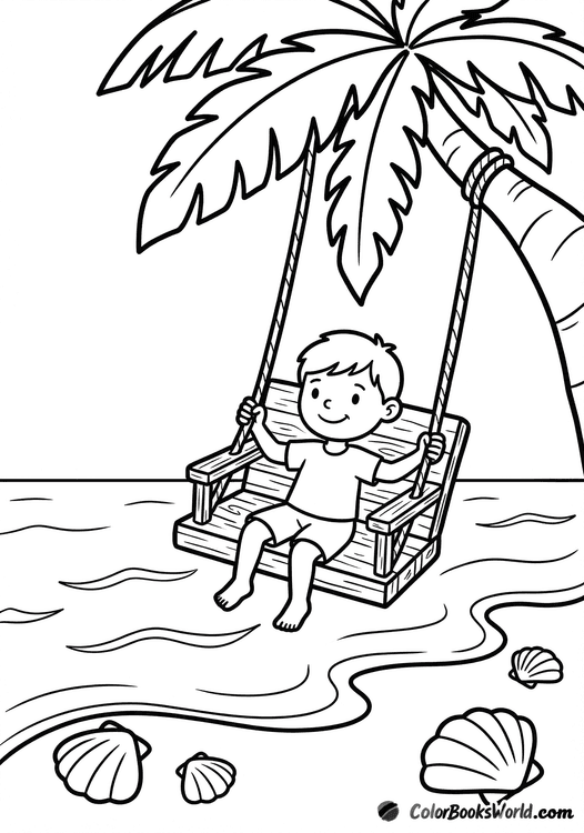 Line art of a child on a wooden swing hanging from a palm branch above a sandy beach with shells.