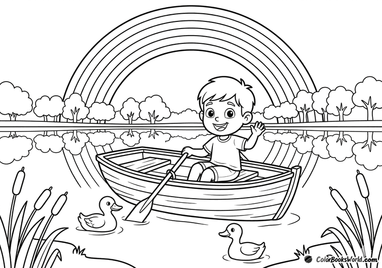 A smiling child rows a small boat on a calm lake beneath a large rainbow, with ducks nearby.