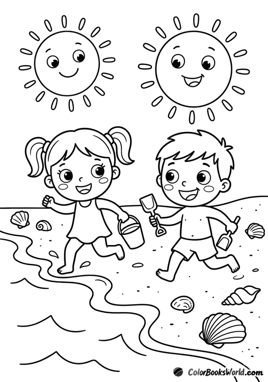 Two cartoon children run along the shoreline with a bucket and spade under a smiling sun.