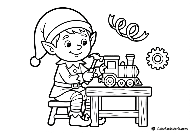 Black-and-white drawing of a Christmas elf at a workbench, hammering together a toy train, with a ribbon and gear behind.