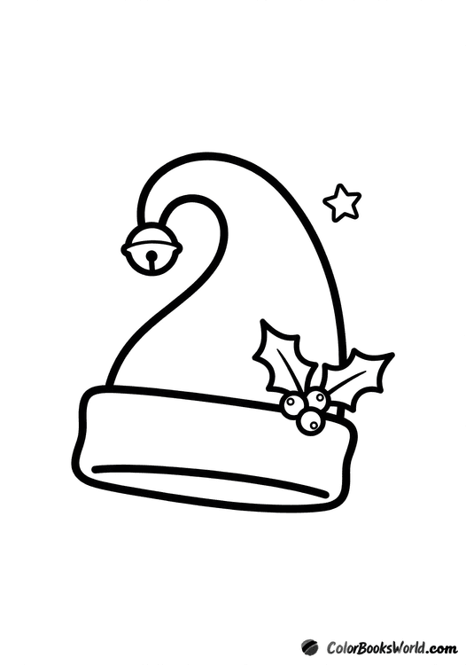 A cartoon Christmas elf hat with a curled tip, a jingle bell, and a holly sprig.