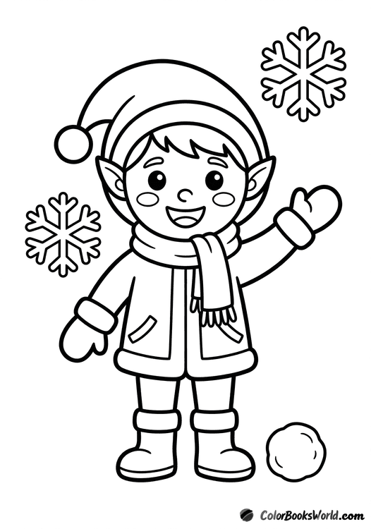 Cute Christmas elf in a winter hat and mittens, surrounded by large snowflakes in a black-and-white outline.