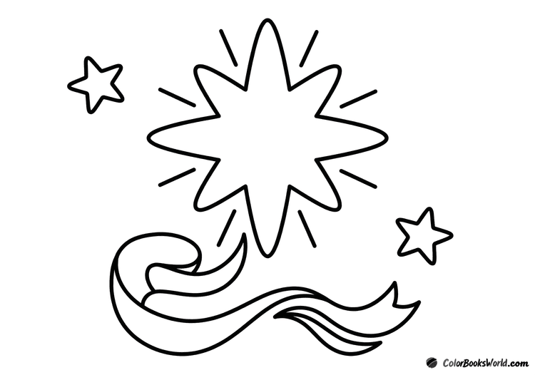 A large radiant Christmas guiding star with small stars and a flowing ribbon trail.