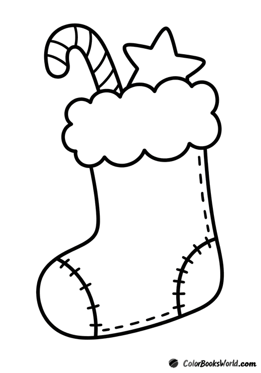 A Christmas stocking with a fluffy cuff, holding a striped candy cane and a star.