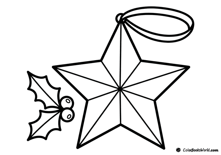 Five-point Christmas star ornament with a ribbon loop and a holly sprig.