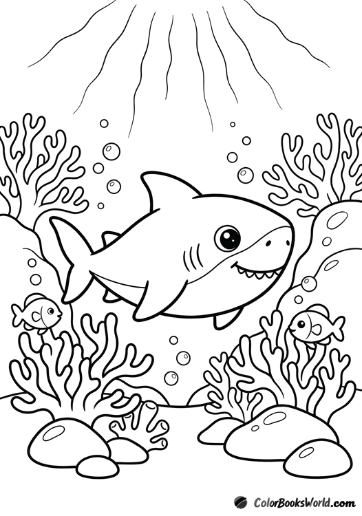 A friendly chubby reef shark floats among corals as small fish peek out nearby.