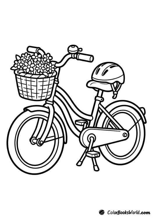 Cartoon city bicycle with a flower basket, handlebar bell, and a helmet resting on the seat.
