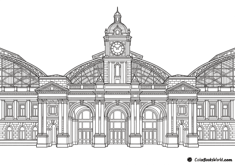 A detailed line art drawing of a grand historic train station with a central clock tower, large arches, and glass roofs.