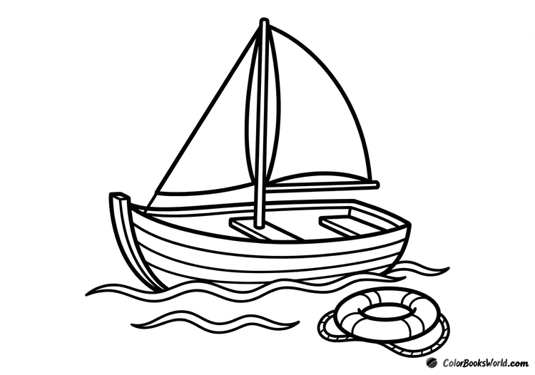 Simple line drawing of a wooden sloop on two waves with a life ring floating beside it.