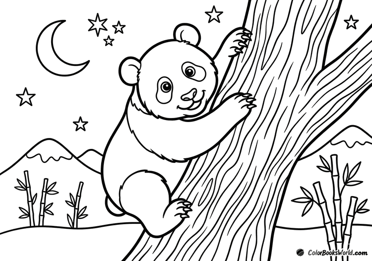 A panda climbs a tree trunk beneath a crescent moon, stars, and distant mountains.