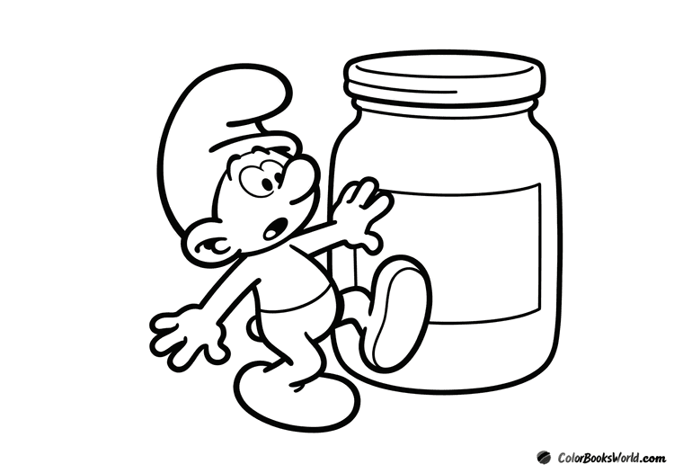 Clumsy Smurf trips in a playful pose beside a large jar.