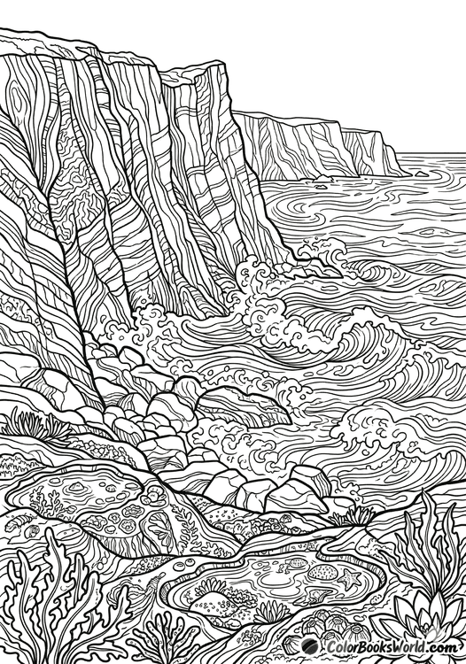 Line art of towering coastal cliffs with crashing waves and tide pools filled with sea life.