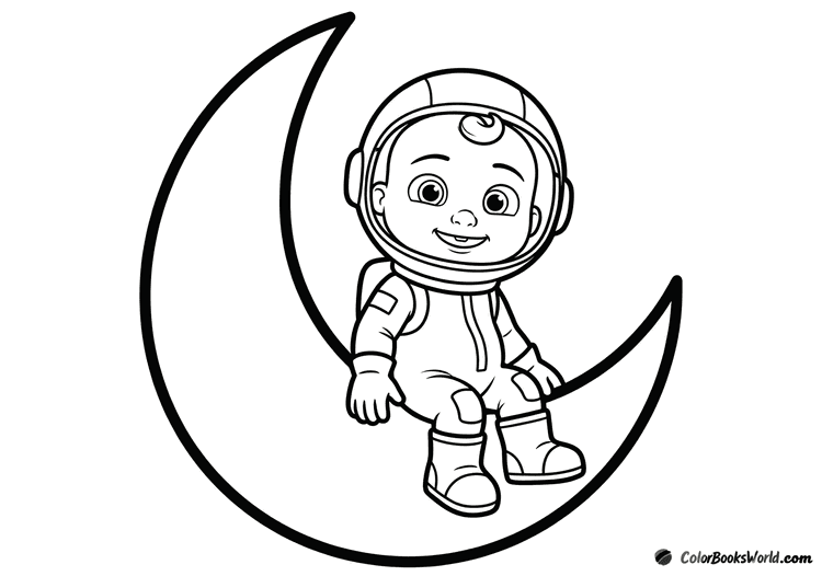 JJ in a simple astronaut suit sitting on a large crescent moon outline.
