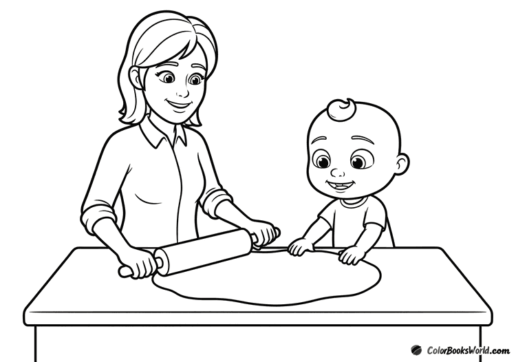 JJ and Mommy roll out cookie dough together at a kitchen counter.