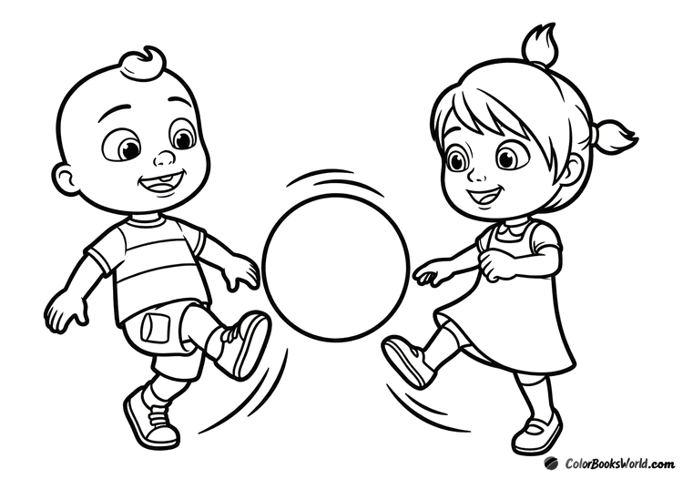 JJ and YoYo kick a large simple ball back and forth between them.