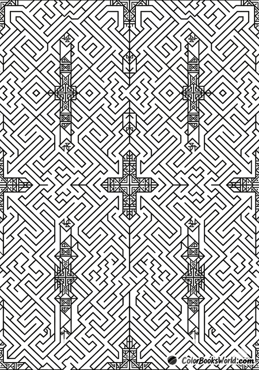 A complex geometric maze with interlocking passages and angular patterns for adult coloring.