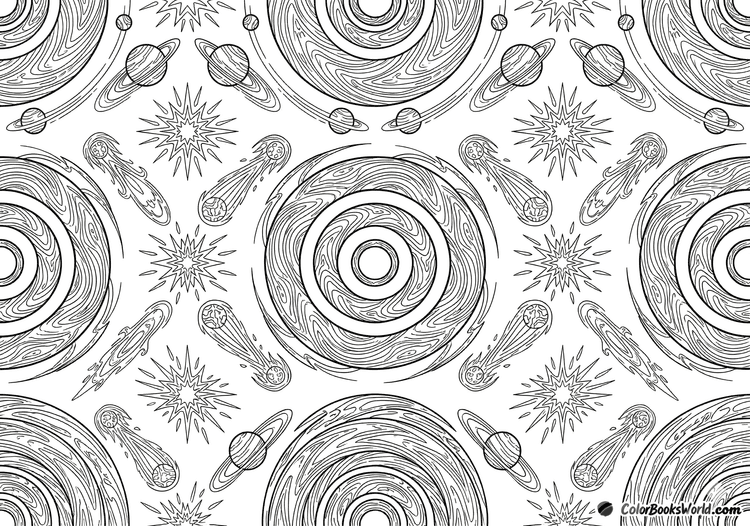 Symmetrical line art of planets, starbursts, and comets arranged in a cosmic kaleidoscope pattern.