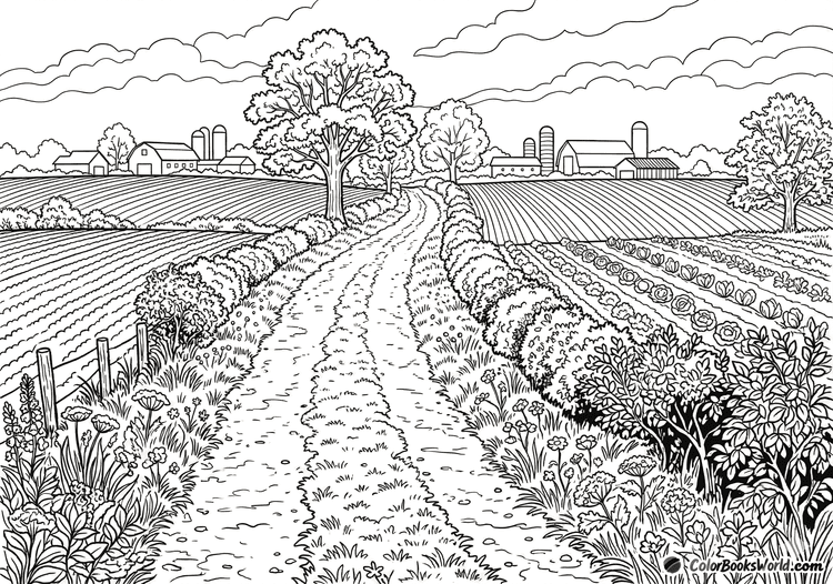 Line art of a dirt country lane winding through crop rows, hedgerows, and distant farm buildings.