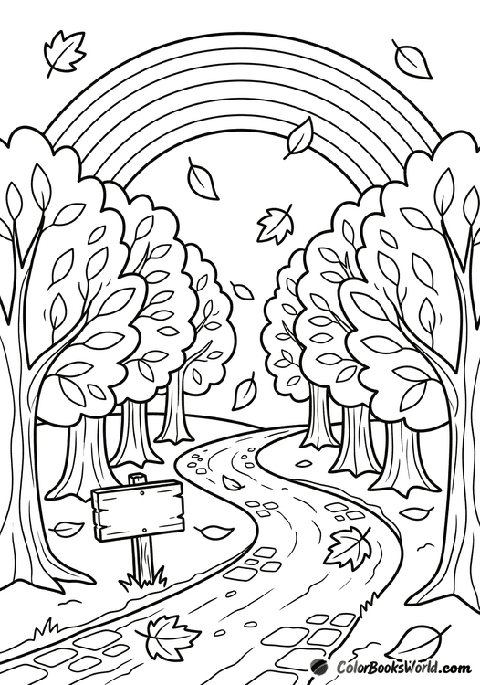 A winding country road lined with trees, falling leaves, a blank signpost, and a rainbow overhead.