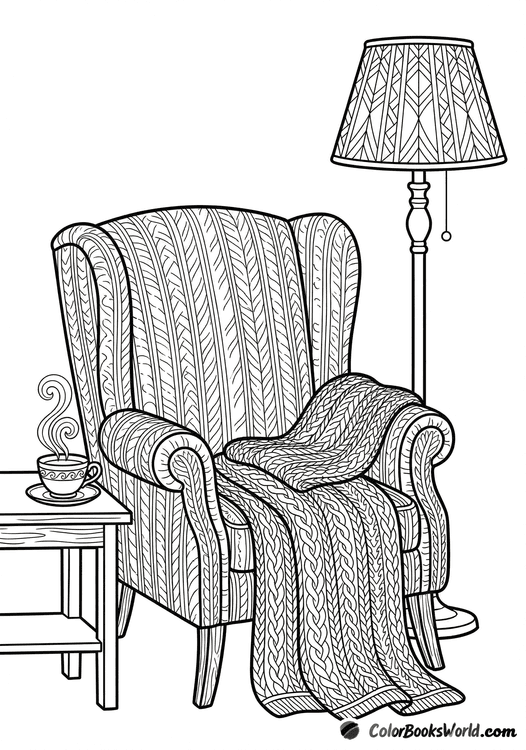 A patterned armchair with a knit blanket, a side table with a steaming teacup, and a decorative floor lamp.