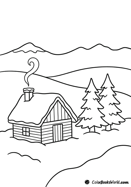 Cartoon mountain cabin with chimney smoke, surrounded by snow, fir trees, and distant mountains.