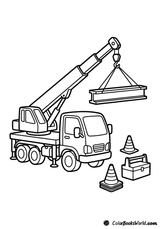 Cartoon crane truck lifting a beam, with two safety cones and a toolbox nearby.