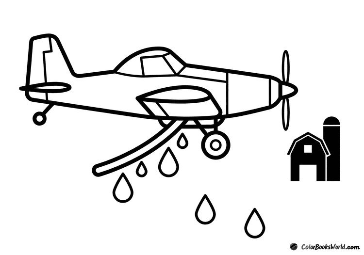 A simple crop-duster airplane spraying droplets near a small farm barn silhouette.