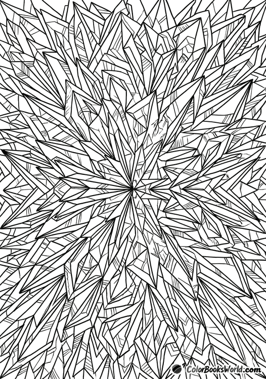Intricate black and white line art of sharp, crystal-like shards with detailed geometric facets for coloring.