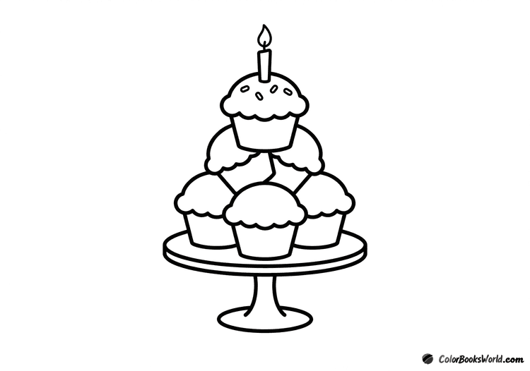 Four cupcakes stacked on a small cake stand, with a single candle on the top cupcake.