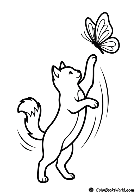 A curious cat stretches its paw upward toward a stylized butterfly.