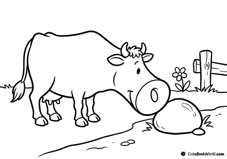 A curious cartoon cow sniffs a smooth stone beside a dirt path, with a small flower and fencepost behind.