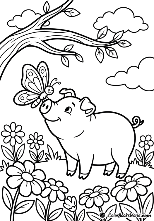 A curious pig sniffs a big butterfly on its snout in a meadow with oversized flowers and clouds.