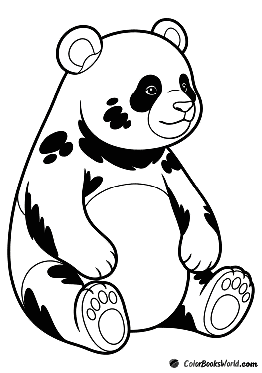 A panda sits upright, looking to the side with a calm, curious expression.