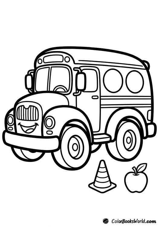 Cartoon school bus in side view with big wheels, a traffic cone, and an apple outline.