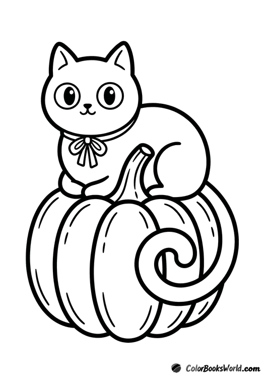 A cute cartoon cat with a bow sits on top of a pumpkin.