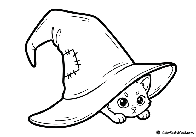 A cute kitten peeks out from a witch hat with a stitched patch, paws on the brim.