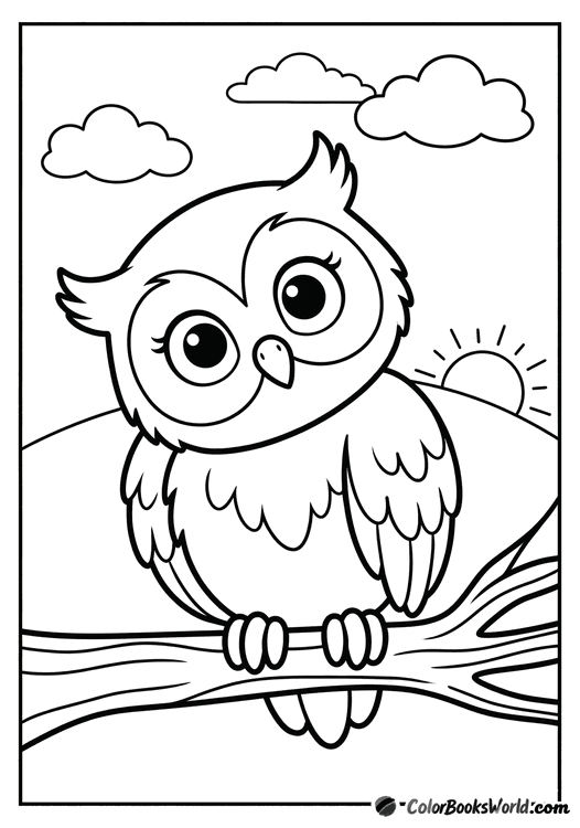 A cute cartoon owl with big eyes sits on a tree branch with the rising sun and clouds behind it.