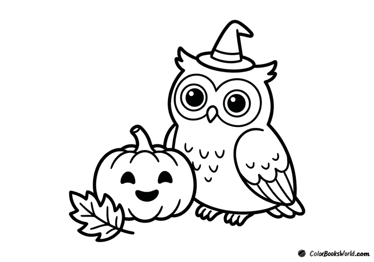 A cute owl in a small witch hat sits beside a carved pumpkin and an autumn leaf.