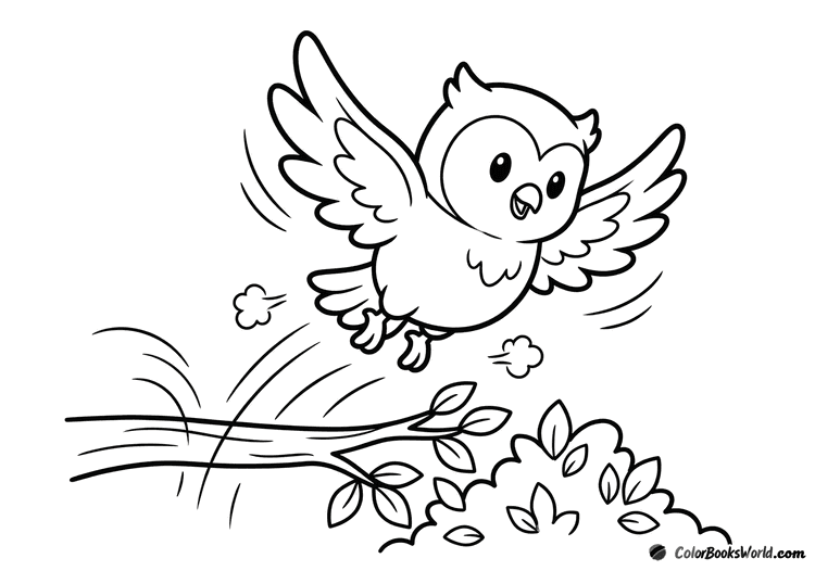 A cute cartoon owlet spreads its wings, flying off a branch above a small bush with motion lines.