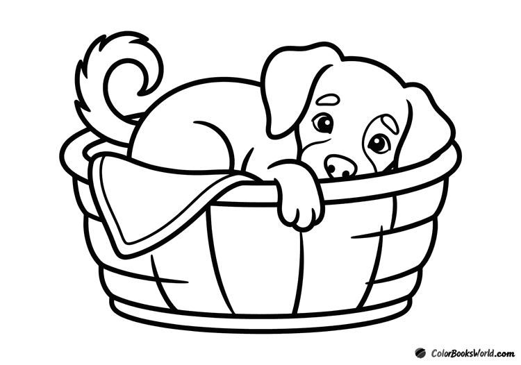A small puppy peeks from a wicker basket, with one paw hanging over the edge.