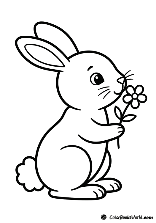 A cute cartoon rabbit in profile sits upright and sniffs a small flower.